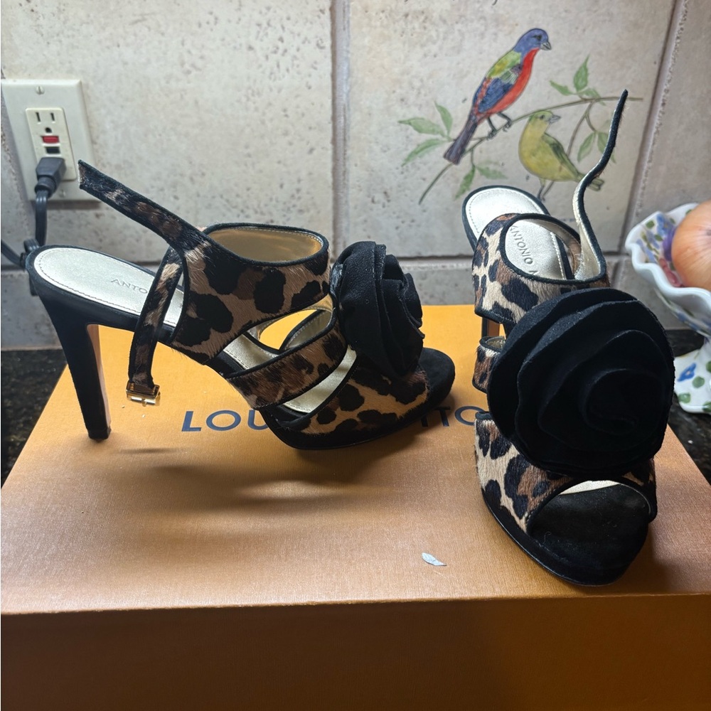 Antonio Melani Animal Print Heels with Black Floral Detail